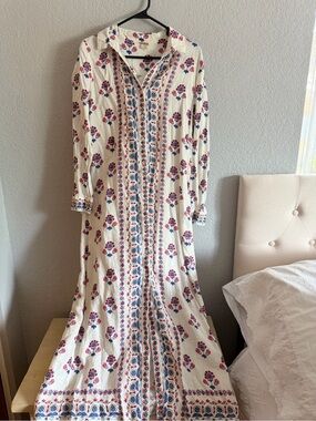 Magaschoni | Dresses | Magaschoni Linen Maxi Dress Lantern Sleeve Vneck  Farm Rio Green Forest Soul | Poshmark